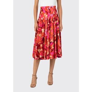 AKRIS PUNTO Tropical Leaves Pleated Midi Skirt US Size 6 100% Cotton Sateen EUC